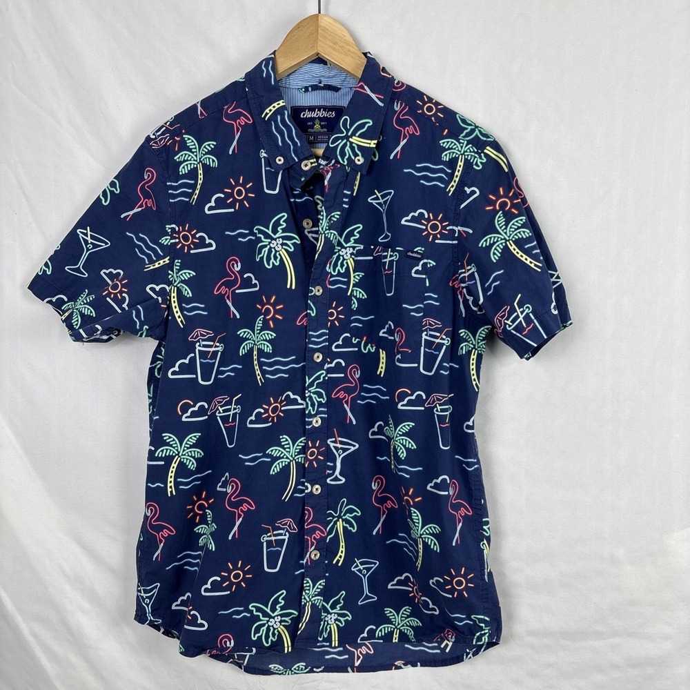 Chubbies Men's Pink/Blue Hawaiian Flamingo Print Shirt Size M